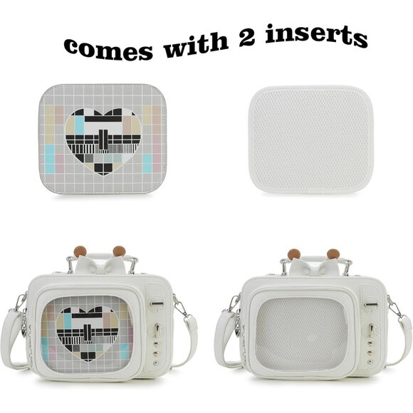Retro TV Shaped Ita Backpack with Pin Display and Inserts White Crossbody Purse - Picture 5 of 9